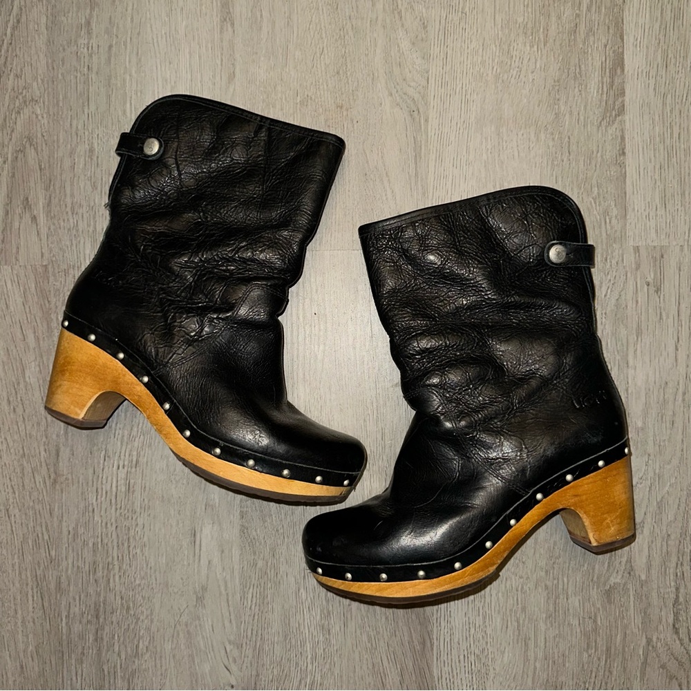 UGG Black Heeled Boots with Chunky Wooden Heel
